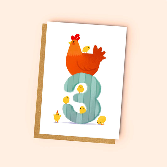 Cute Chicken - Kids Birthday Card - Age 3