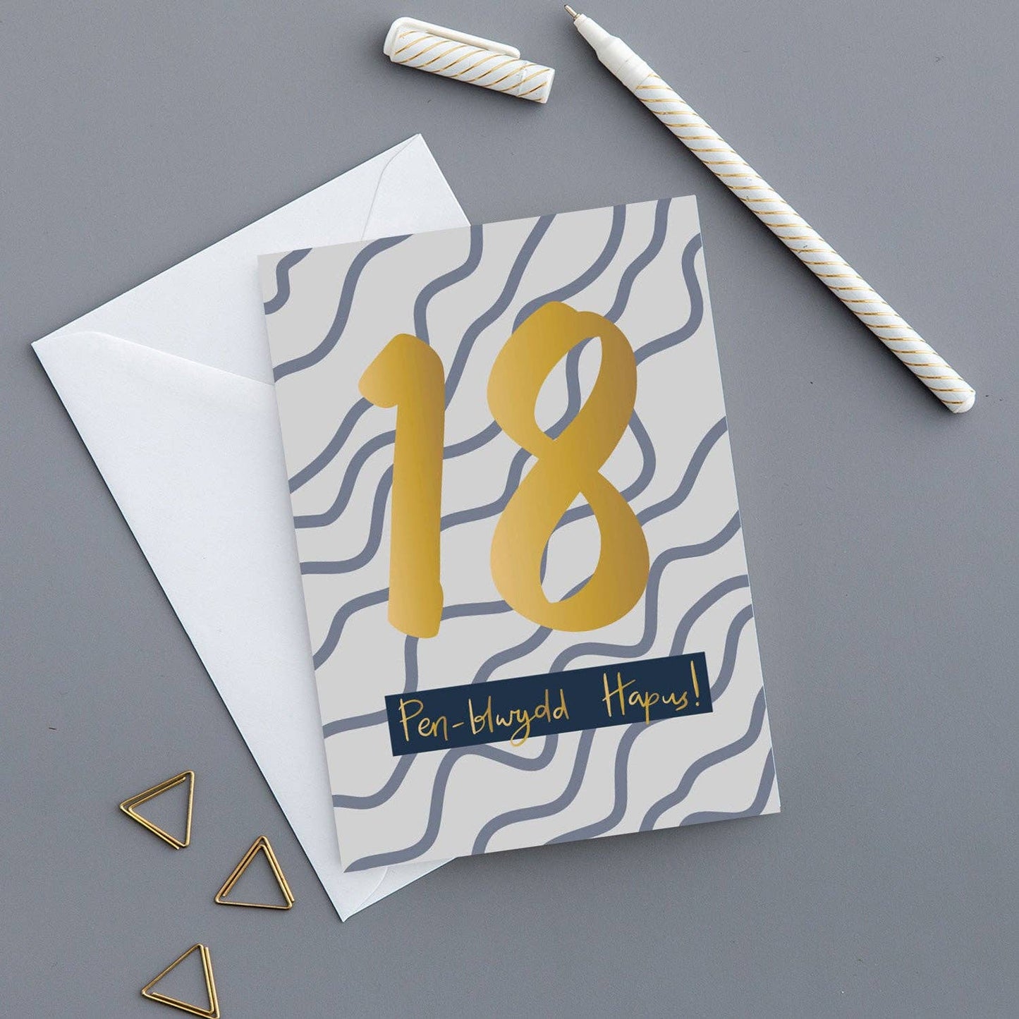 Welsh Birthday card 'Pen-blwydd hapus 18' gold foil