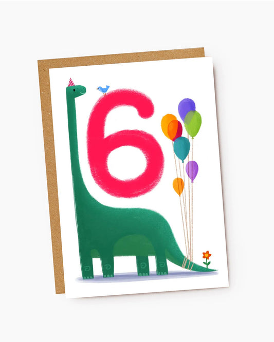 Cute Dinosaur - Kids Birthday Card - Age 6