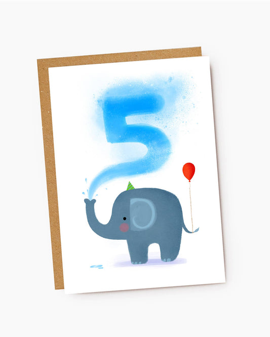 Cute Elephant - Kids Birthday Card - Age 5